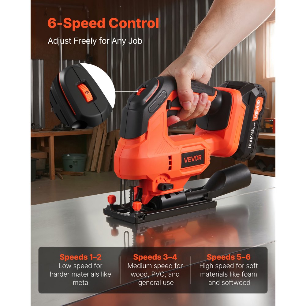 VEVOR Cordless Jig Saw, 20 V, 3000 SPM Blade Speed, Cordless Jigsaw with Battery and Charger, LED Light, 6 Variable Speed, 0- 45° Bevel Cuts, with 6 pcs Blades, 4 Orbital Settings, for Wood, Metal