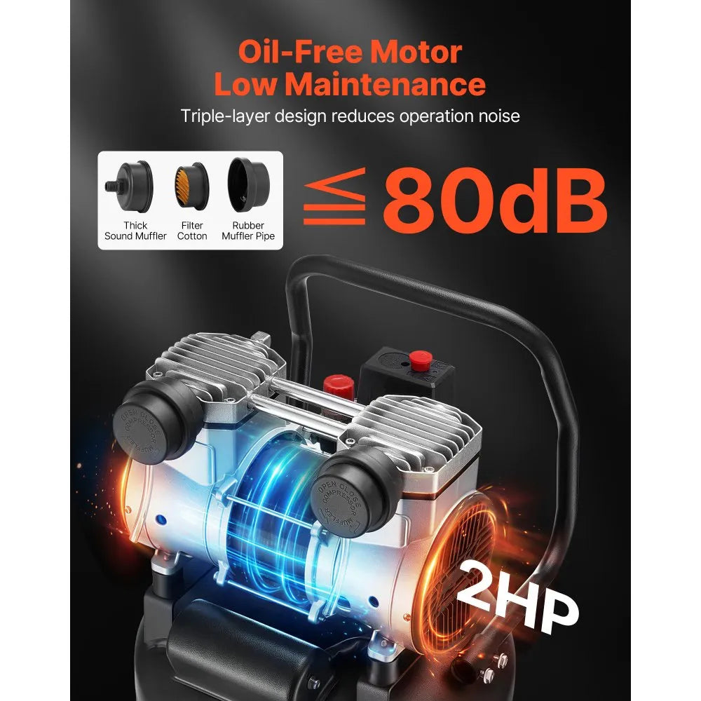 VEVOR 14-Gallon Air Compressor, 2HP 4.3 SCFM at 90PSI, Max 125PSI Pressure Oil-Free Air Compressor Tank, Portable on Wheels for Auto Repair, Tire Inflation, Spray Painting, Woodwork Nailing, 120V