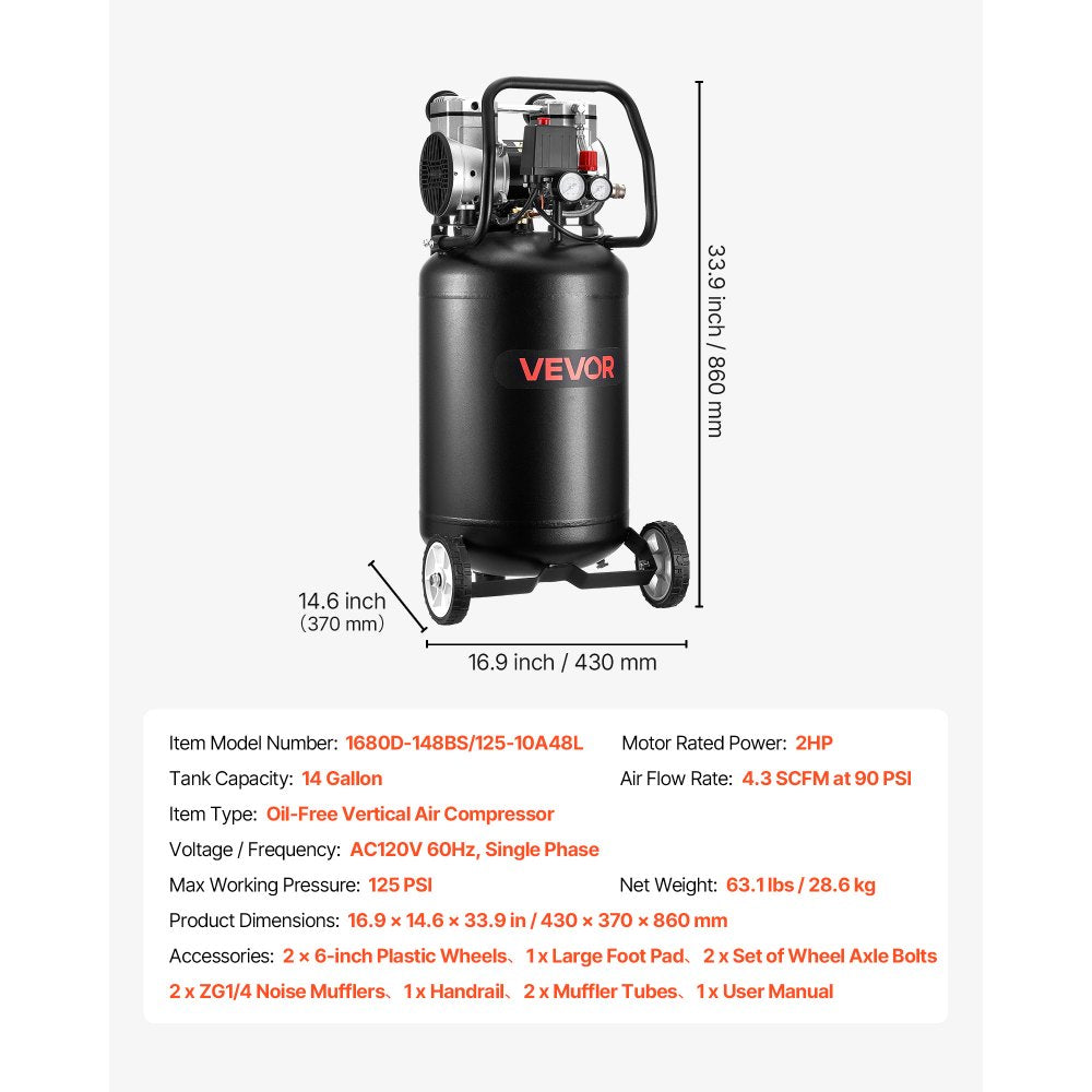 VEVOR 14-Gallon Air Compressor, 2HP 4.3 SCFM at 90PSI, Max 125PSI Pressure Oil-Free Air Compressor Tank, Portable on Wheels for Auto Repair, Tire Inflation, Spray Painting, Woodwork Nailing, 120V