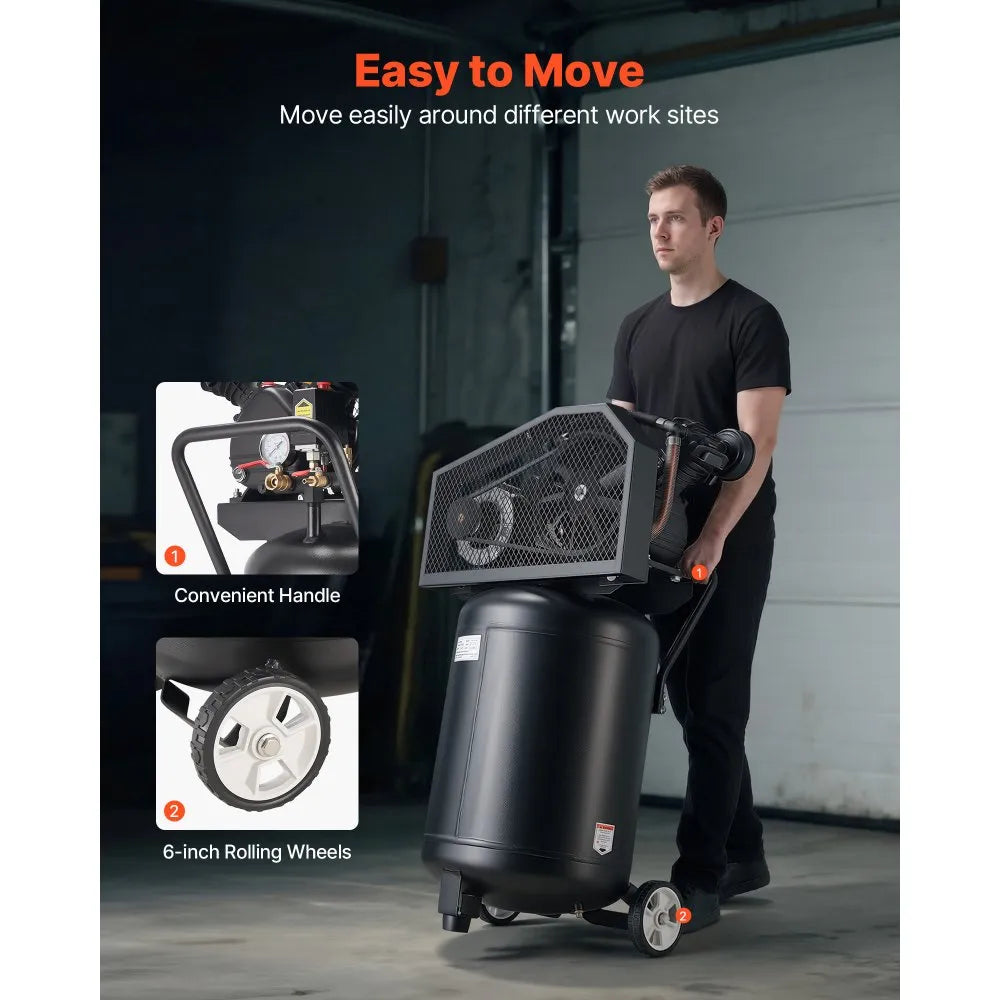 VEVOR 20-Gallon Air Compressor, 2HP 6.5SCFM at 90PSI, Max 135PSI Pressure Oil-Lubricated Air Compressor Tank, Portable on Wheels for Auto Repair, Tire Inflation, Spray Painting, Woodwork Nailing, 120V
