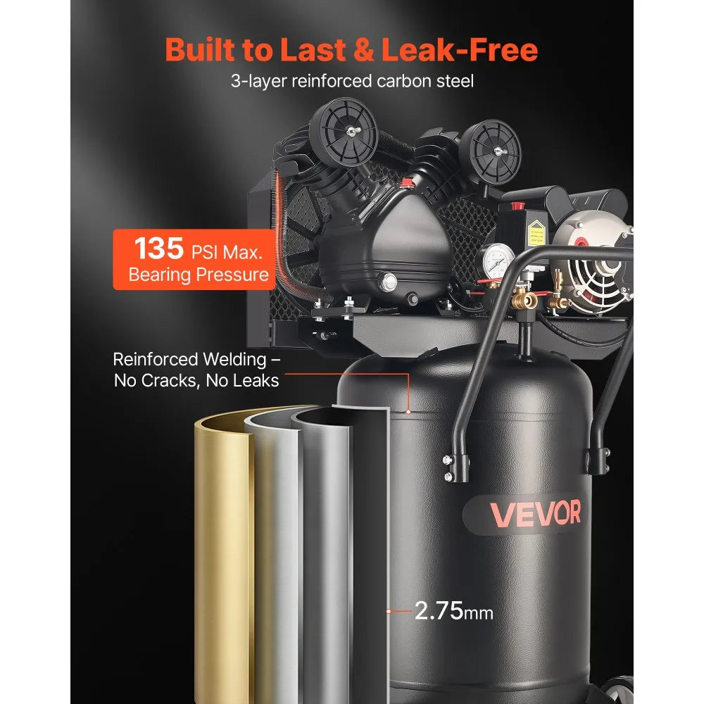 VEVOR 20-Gallon Air Compressor, 2HP 6.5SCFM at 90PSI, Max 135PSI Pressure Oil-Lubricated Air Compressor Tank, Portable on Wheels for Auto Repair, Tire Inflation, Spray Painting, Woodwork Nailing, 120V