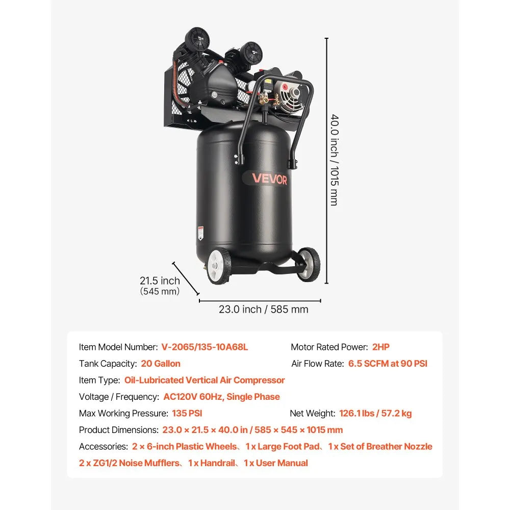 VEVOR 20-Gallon Air Compressor, 2HP 6.5SCFM at 90PSI, Max 135PSI Pressure Oil-Lubricated Air Compressor Tank, Portable on Wheels for Auto Repair, Tire Inflation, Spray Painting, Woodwork Nailing, 120V