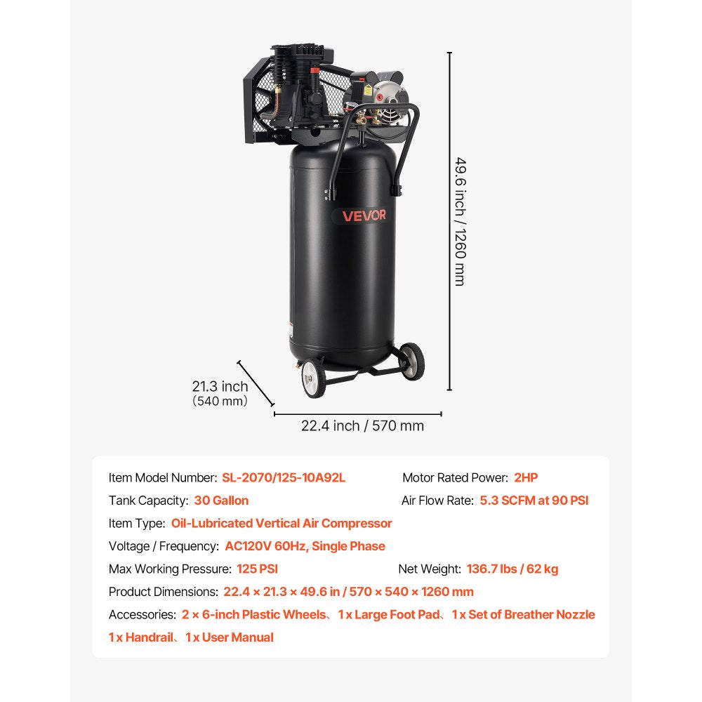 VEVOR 30-Gallon Air Compressor, 2HP 5.3SCFM at 90PSI, Max 125PSI Pressure Oil-Lubricated Air Compressor Tank, Portable on Wheels for Auto Repair, Tire Inflation, Spray Painting, Woodwork Nailing, 120V