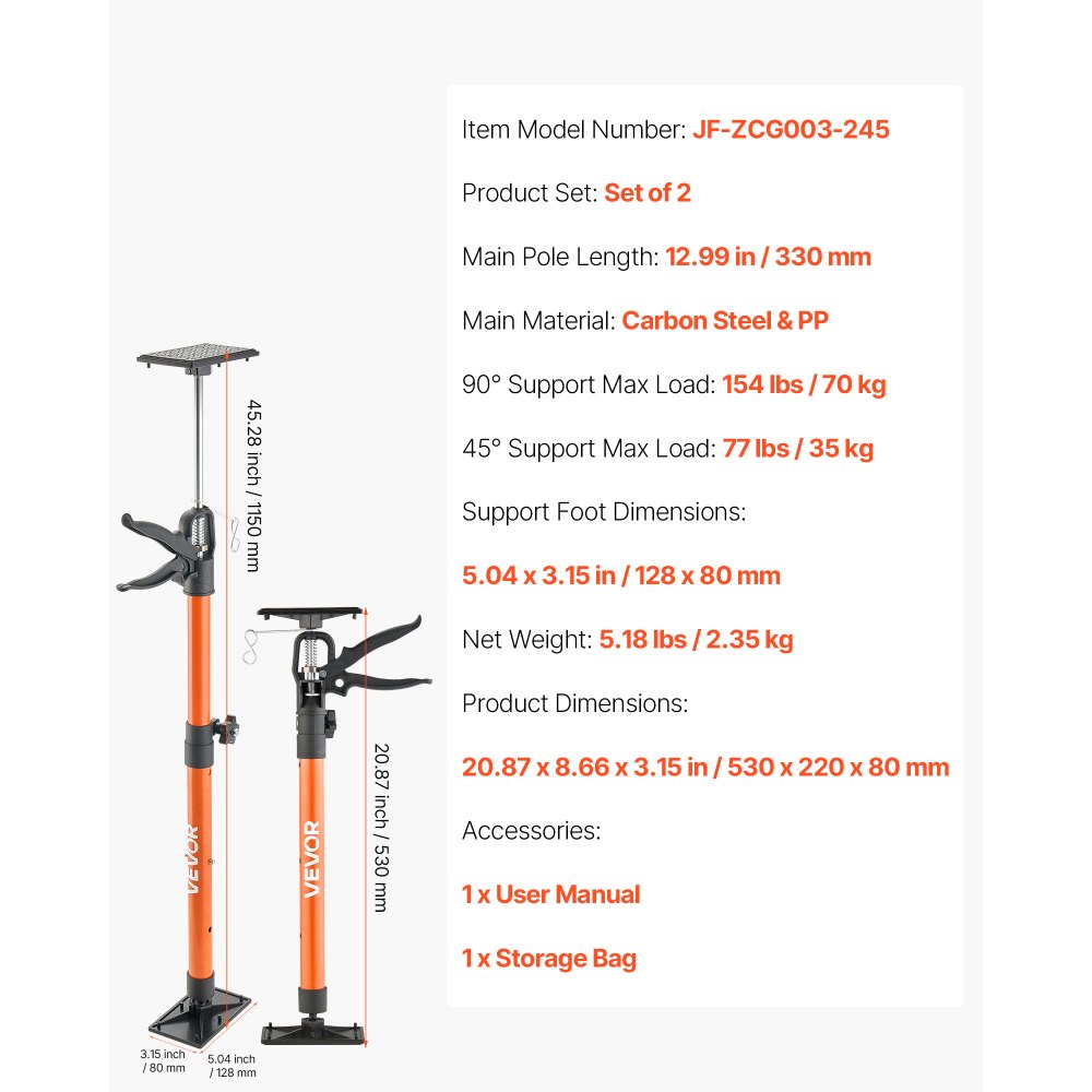 VEVOR Cabinet Jack Support Pole, 2-Pack, 20.8-45.3 Inch Steel Telescopic Quick Support Rod, Adjustable 3rd Hand System up to 154 lbs Capacity for Installing Cabinets, Lifting Drywall, Cargo Bars
