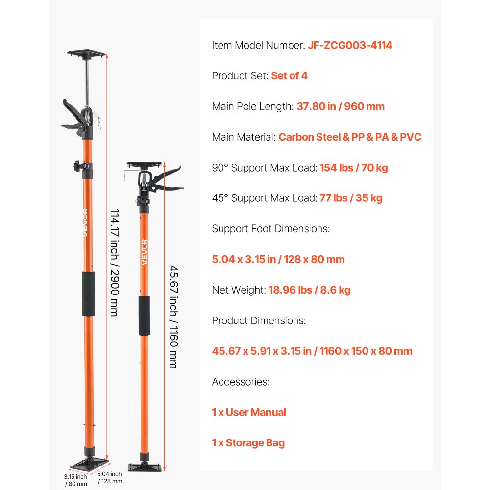 VEVOR Cabinet Jack Support Pole, 4-Pack, 45.7-114.2 Inch Steel Telescopic Quick Support Rod, Adjustable 3rd Hand System up to 154 lbs Capacity for Installing Cabinets, Lifting Drywall, Cargo Bars