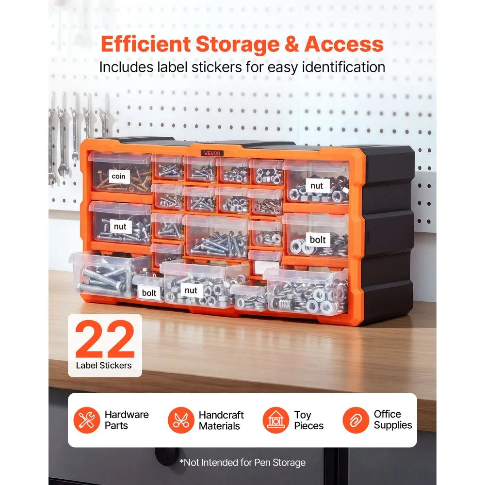VEVOR 22-Drawer Storage Organizer, Plastic, Drawer Storage Cabinet for Garage Organization, Stackable Small Parts Organizer, Wall-Mounted Toolbox, for Hardware, Beads, Screws, Crafts, Building Bricks