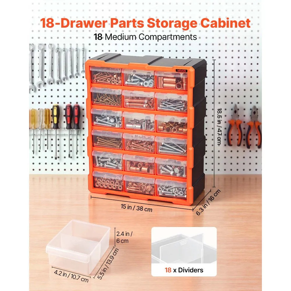 VEVOR 18-Drawer Storage Organizer, Plastic, Drawer Storage Cabinet for Garage Organization, Stackable Small Parts Organizer, Wall-Mounted Toolbox, for Hardware, Beads, Screws, Crafts, Building Bricks