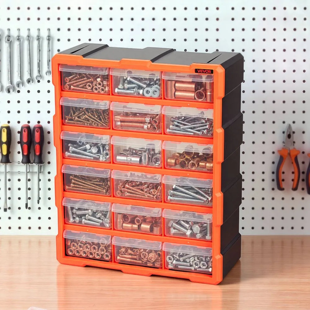 VEVOR 18-Drawer Storage Organizer, Plastic, Drawer Storage Cabinet for Garage Organization, Stackable Small Parts Organizer, Wall-Mounted Toolbox, for Hardware, Beads, Screws, Crafts, Building Bricks