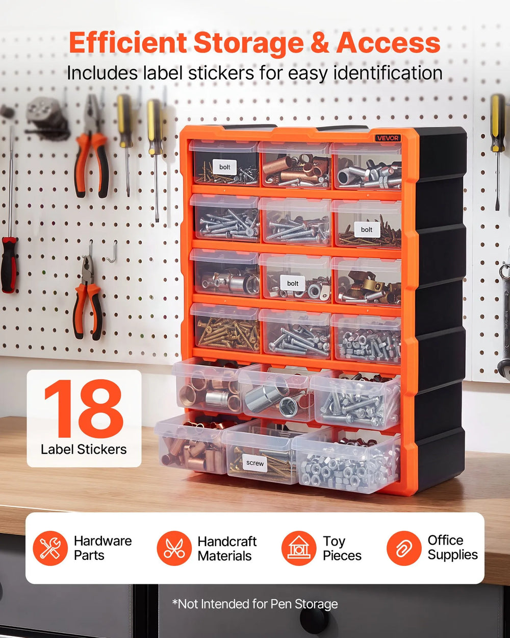 VEVOR 18-Drawer Storage Organizer, Plastic, Drawer Storage Cabinet for Garage Organization, Stackable Small Parts Organizer, Wall-Mounted Toolbox, for Hardware, Beads, Screws, Crafts, Building Bricks
