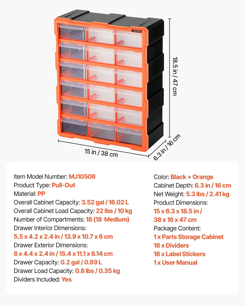 VEVOR 18-Drawer Storage Organizer, Plastic, Drawer Storage Cabinet for Garage Organization, Stackable Small Parts Organizer, Wall-Mounted Toolbox, for Hardware, Beads, Screws, Crafts, Building Bricks