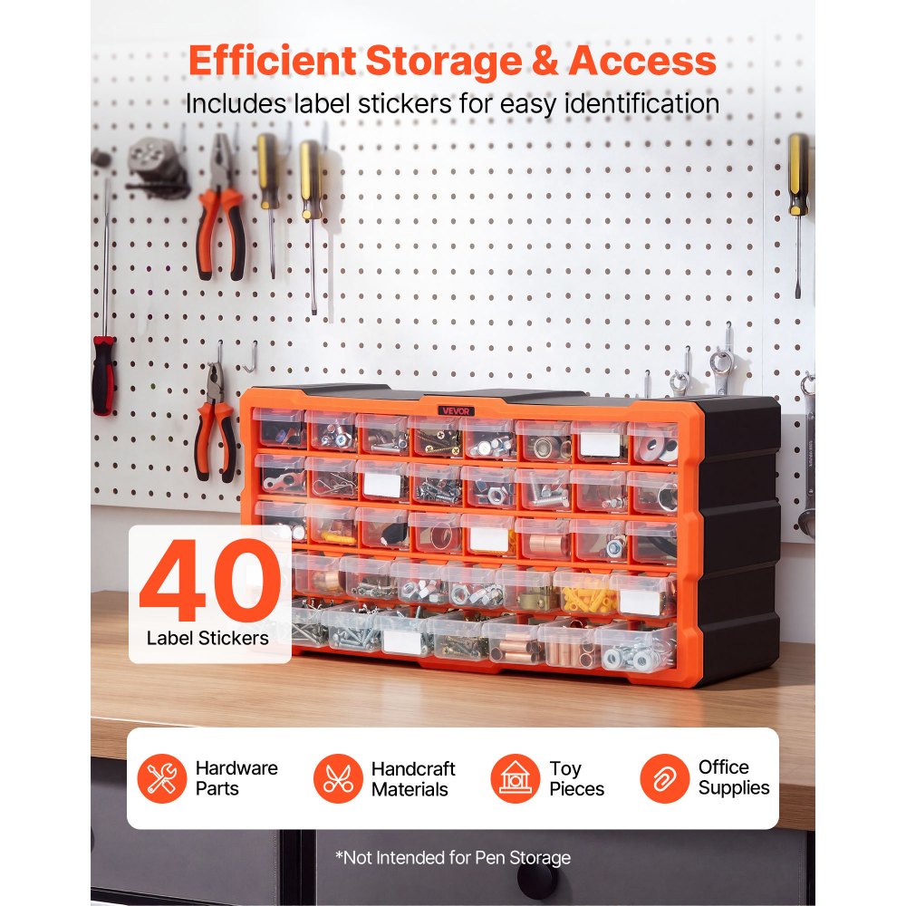 VEVOR 40-Drawer Storage Organizer, Plastic, Drawer Storage Cabinet for Garage Organization, Stackable Small Parts Organizer, Wall-Mounted Toolbox, for Hardware, Beads, Screws, Crafts, Building Bricks