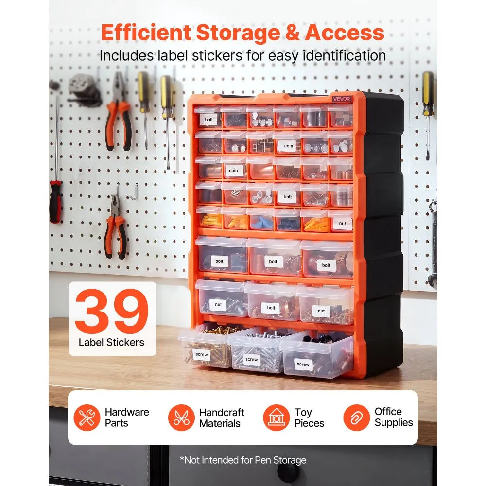 VEVOR 39-Drawer Storage Organizer, Plastic, Drawer Storage Cabinet for Garage Organization, Stackable Small Parts Organizer, Wall-Mounted Toolbox, for Hardware, Beads, Screws, Crafts, Building Bricks