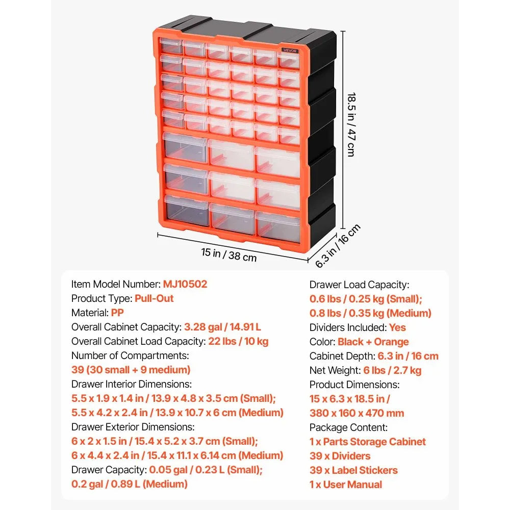 VEVOR 39-Drawer Storage Organizer, Plastic, Drawer Storage Cabinet for Garage Organization, Stackable Small Parts Organizer, Wall-Mounted Toolbox, for Hardware, Beads, Screws, Crafts, Building Bricks