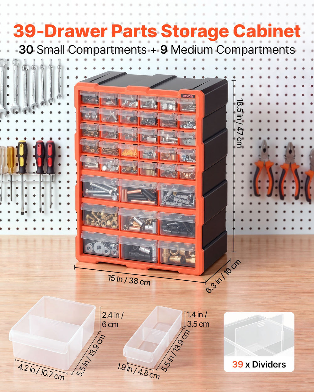 VEVOR 39-Drawer Storage Organizer, Plastic, Drawer Storage Cabinet for Garage Organization, Stackable Small Parts Organizer, Wall-Mounted Toolbox, for Hardware, Beads, Screws, Crafts, Building Bricks