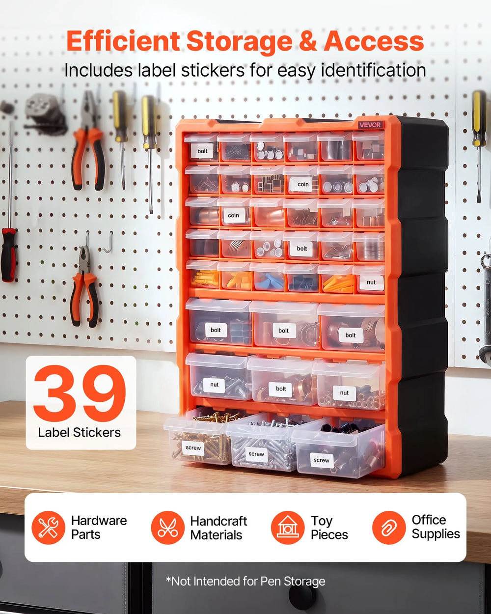 VEVOR 39-Drawer Storage Organizer, Plastic, Drawer Storage Cabinet for Garage Organization, Stackable Small Parts Organizer, Wall-Mounted Toolbox, for Hardware, Beads, Screws, Crafts, Building Bricks