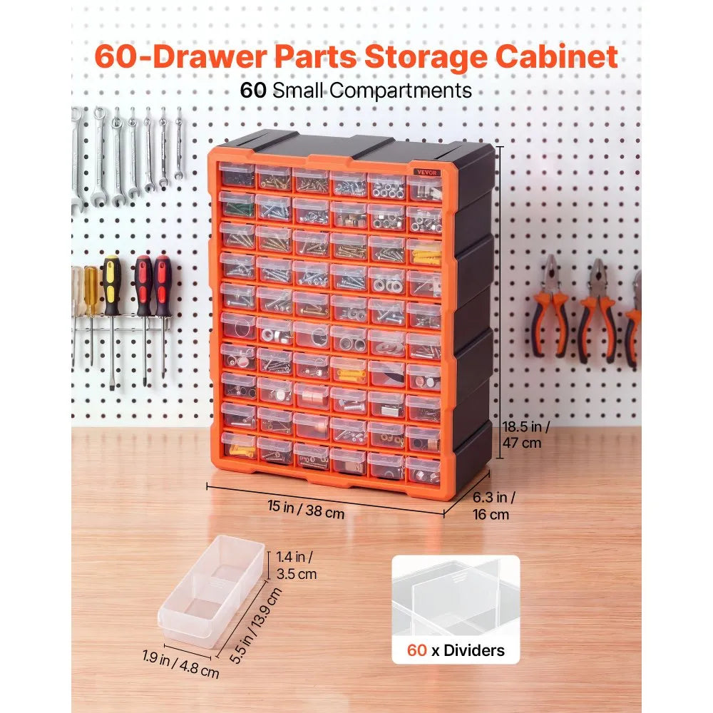 VEVOR 60-Drawer Storage Organizer, Plastic, Drawer Storage Cabinet for Garage Organization, Stackable Small Parts Organizer, Wall-Mounted Toolbox, for Hardware, Beads, Screws, Crafts, Building Bricks
