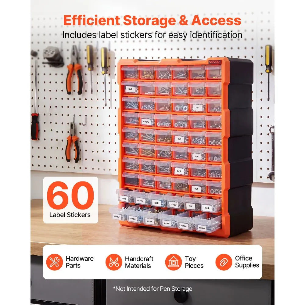 VEVOR 60-Drawer Storage Organizer, Plastic, Drawer Storage Cabinet for Garage Organization, Stackable Small Parts Organizer, Wall-Mounted Toolbox, for Hardware, Beads, Screws, Crafts, Building Bricks