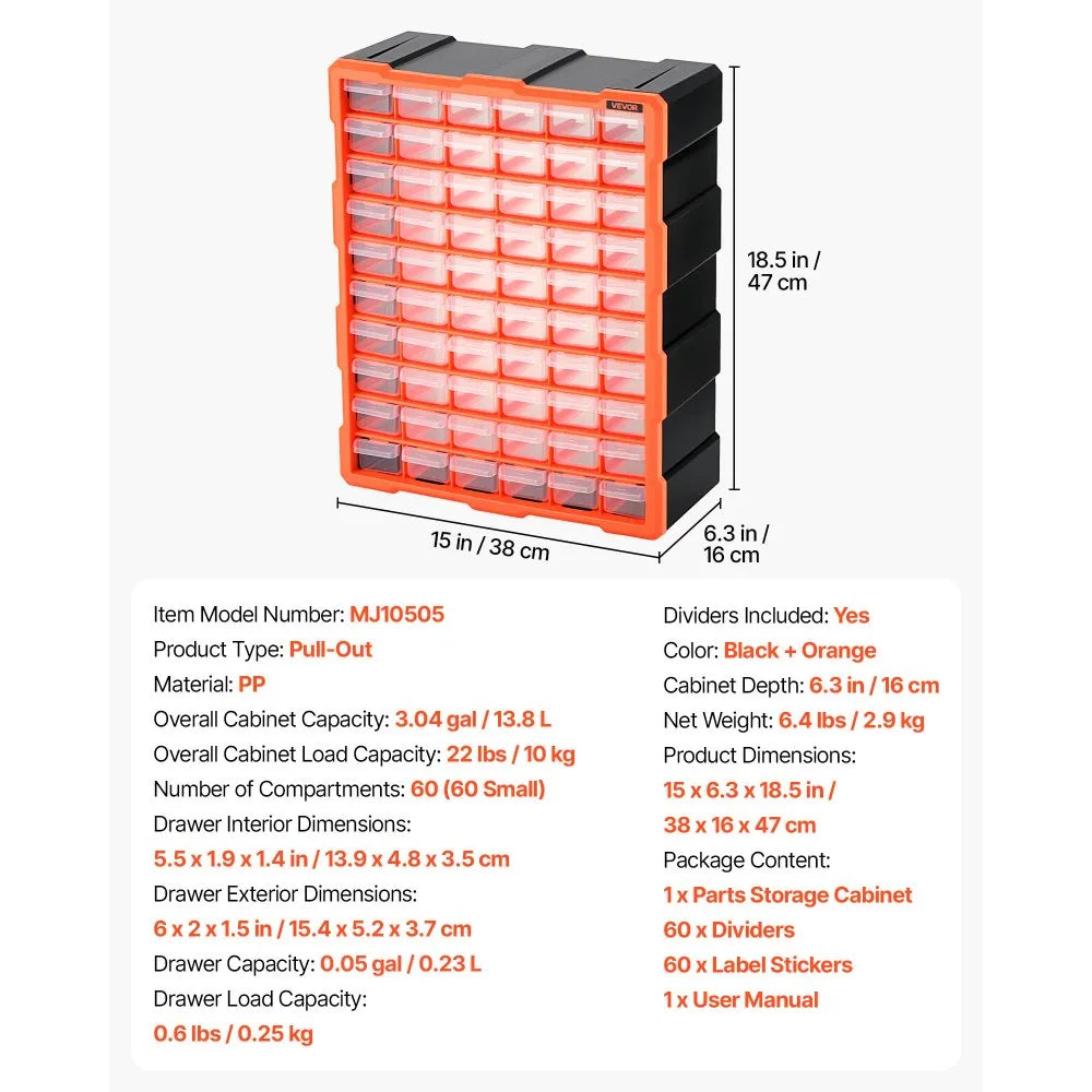 VEVOR 60-Drawer Storage Organizer, Plastic, Drawer Storage Cabinet for Garage Organization, Stackable Small Parts Organizer, Wall-Mounted Toolbox, for Hardware, Beads, Screws, Crafts, Building Bricks