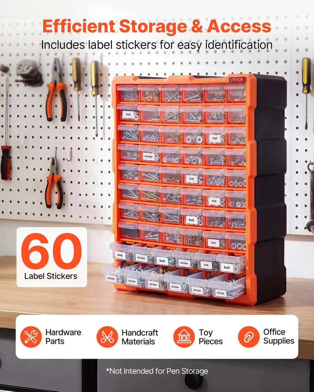 VEVOR 60-Drawer Storage Organizer, Plastic, Drawer Storage Cabinet for Garage Organization, Stackable Small Parts Organizer, Wall-Mounted Toolbox, for Hardware, Beads, Screws, Crafts, Building Bricks