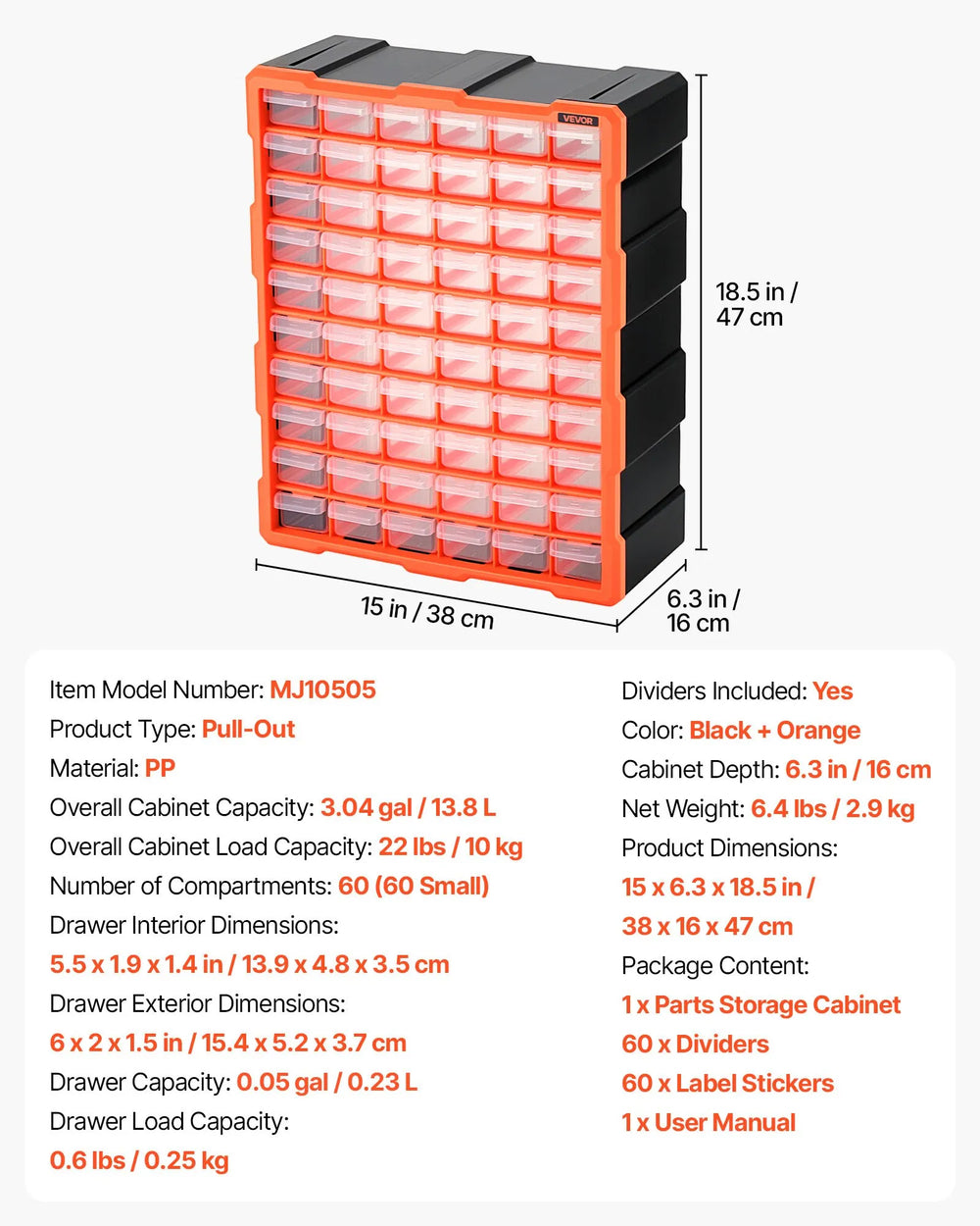 VEVOR 60-Drawer Storage Organizer, Plastic, Drawer Storage Cabinet for Garage Organization, Stackable Small Parts Organizer, Wall-Mounted Toolbox, for Hardware, Beads, Screws, Crafts, Building Bricks
