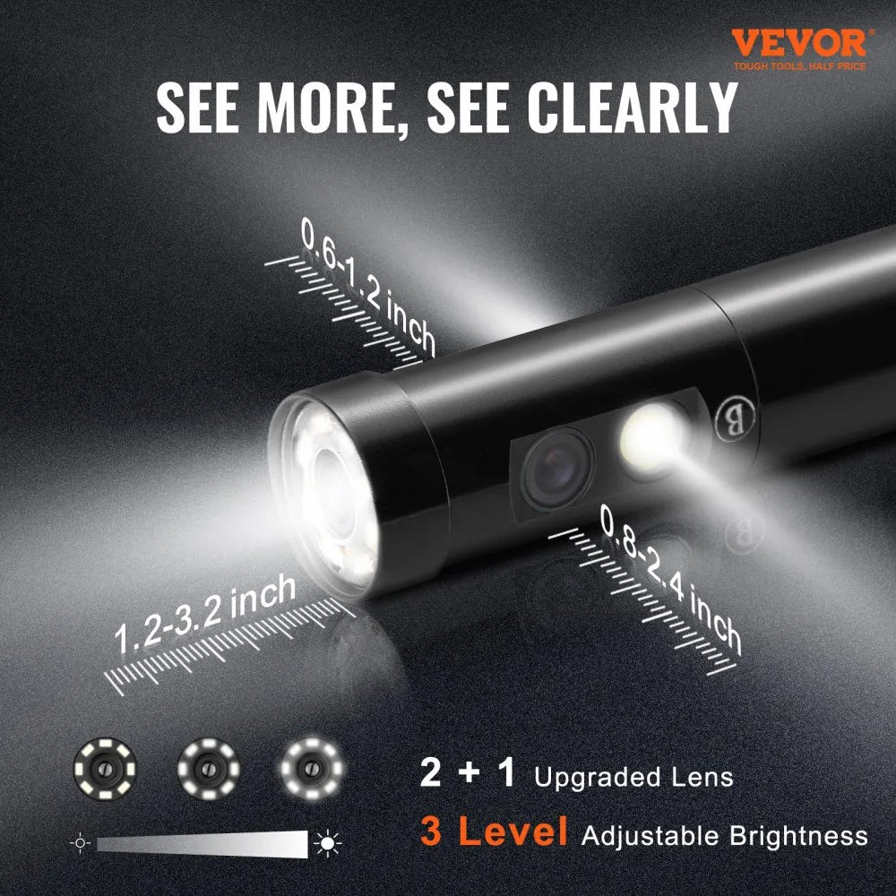 VEVOR Triple Lens Borescope, 5" IPS Screen Inspection Camera with Lights, 8X Zoom 1080P HD Split Screen, 10 LED Lights Scope Endoscope Camera for Automotive, Plumbing(16.5FT Cable, 32GB Card)