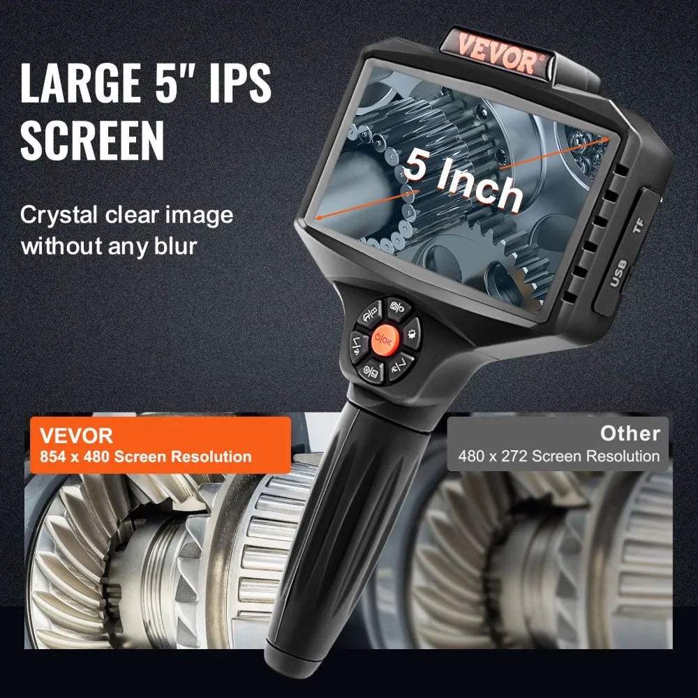 VEVOR Triple Lens Borescope, 5" IPS Screen Inspection Camera with Lights, 8X Zoom 1080P HD Split Screen, 10 LED Lights Scope Endoscope Camera for Automotive, Plumbing(16.5FT Cable, 32GB Card)