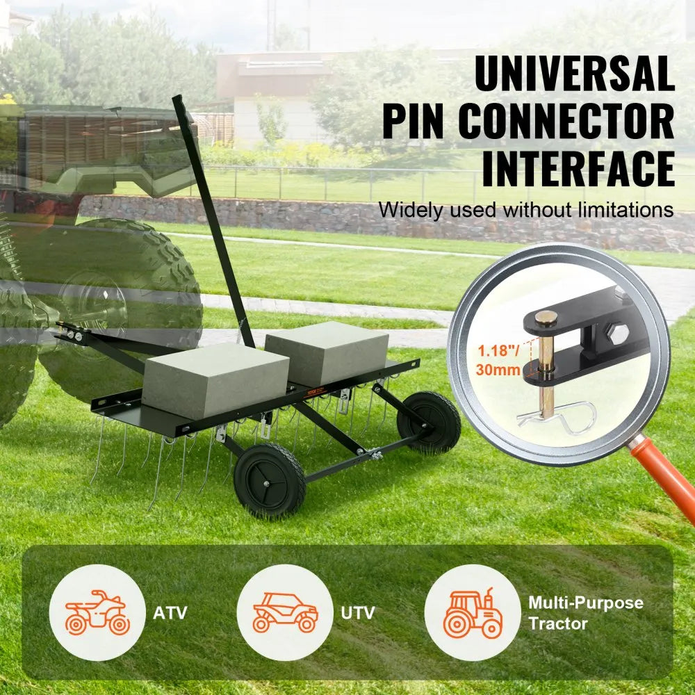 VEVOR Tow Behind Dethatcher, 48-inch Tow Dethatcher with 24 Spring Steel Tines, Lawn Dethatcher Rake for ATV or Mower, Tow Behind Lawn Rake with Lift Handle for Garden Farm Grass