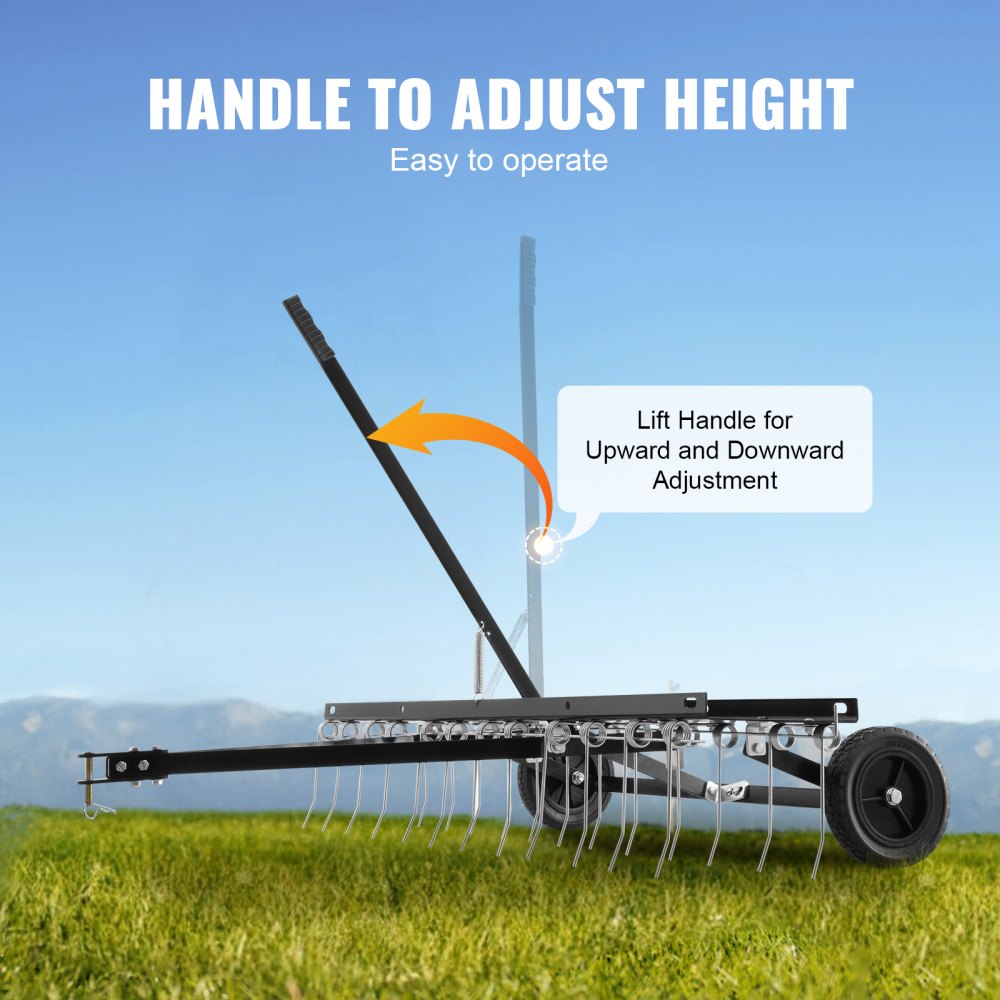 VEVOR Tow Behind Dethatcher, 48-inch Tow Dethatcher with 24 Spring Steel Tines, Lawn Dethatcher Rake for ATV or Mower, Tow Behind Lawn Rake with Lift Handle for Garden Farm Grass
