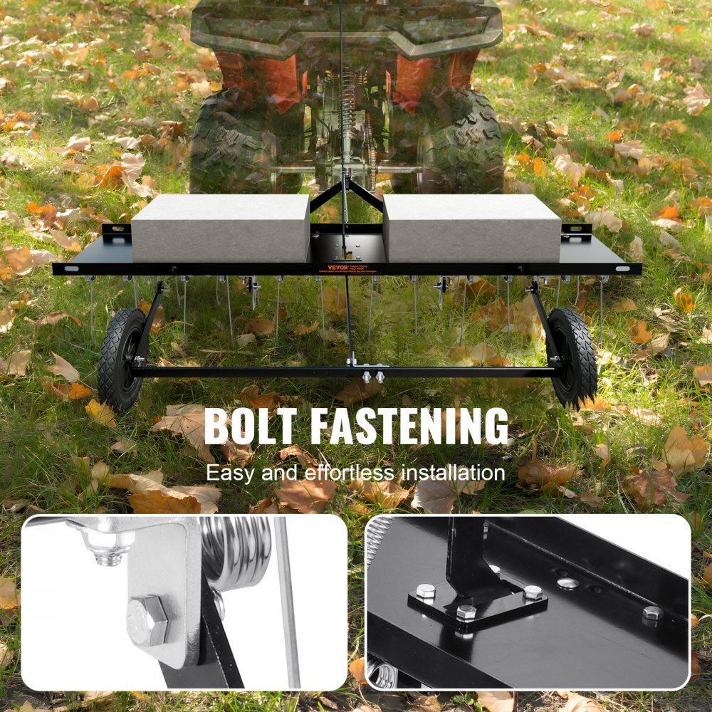 VEVOR Tow Behind Dethatcher, 48-inch Tow Dethatcher with 24 Spring Steel Tines, Lawn Dethatcher Rake for ATV or Mower, Tow Behind Lawn Rake with Lift Handle for Garden Farm Grass