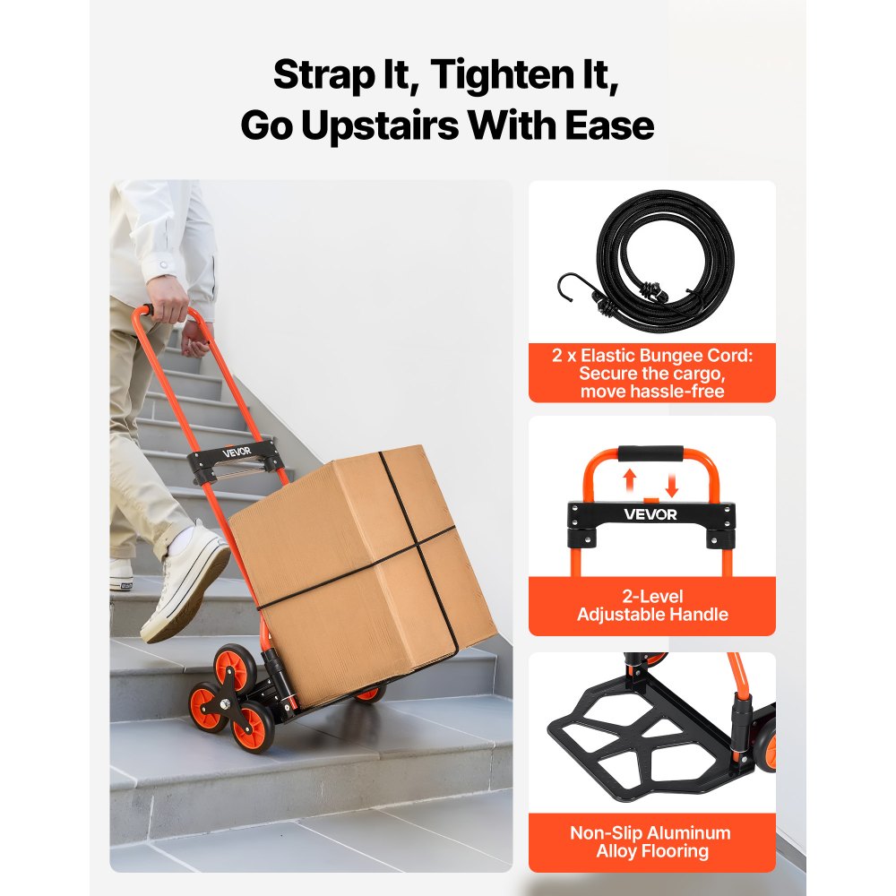 VEVOR Stair Climbing Cart, 120 lbs Stair-Climbing Capacity, Portable Folding Trolley Cart with Telescoping Handle, 6 Wheels and 2 Bungee Cords, Stair Climber Dolly for Home, Groceries, Warehouse