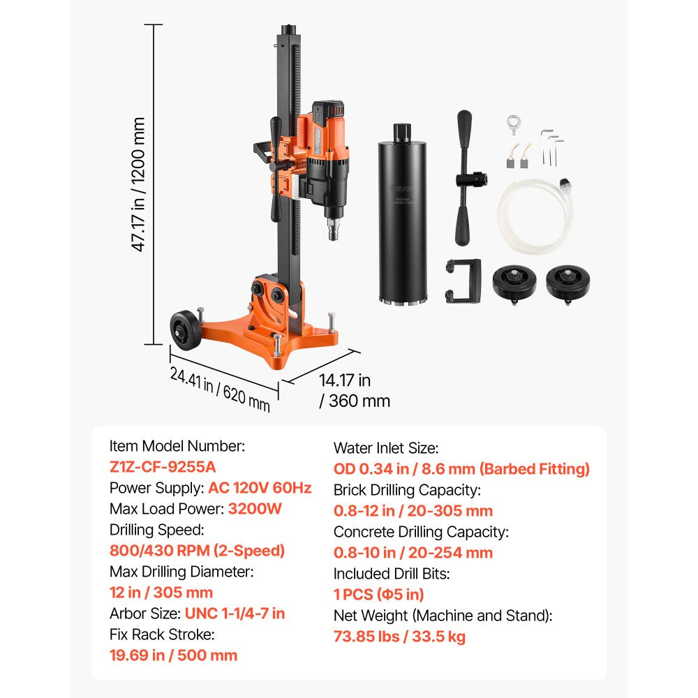 VEVOR Diamond Core Drilling Machine, 0.8-12 in Drilling Capacity, Dry/Wet Concrete Core Drill Rig with 5 in Wet Drill Bit, Tiltable Stand & Wheeled Base, 3200W 800RPM/430RPM, UNC1 1/4–7 Thread