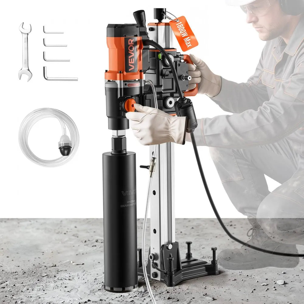 VEVOR Diamond Core Drilling Machine Dry and Wet 0.8"-8" Drilling Capacity, 4.25" Wet Drill Bit, Brushless Core Drill Rig with Stand, 1800W 810RPM/1340RPM, UNC1 1/4–7 Thread for Concrete Brick Stone