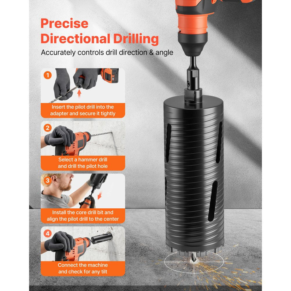 VEVOR Core Drill Bit, 4 inch Diameter, 9-1/2 inch Drilling Depth, 5/8-11 Internal Thread, Diamond Dry Coring Bit with 3 Adapters, Pilot Drill and Hex Wrench, for Concrete, Red Bricks, and Masonry