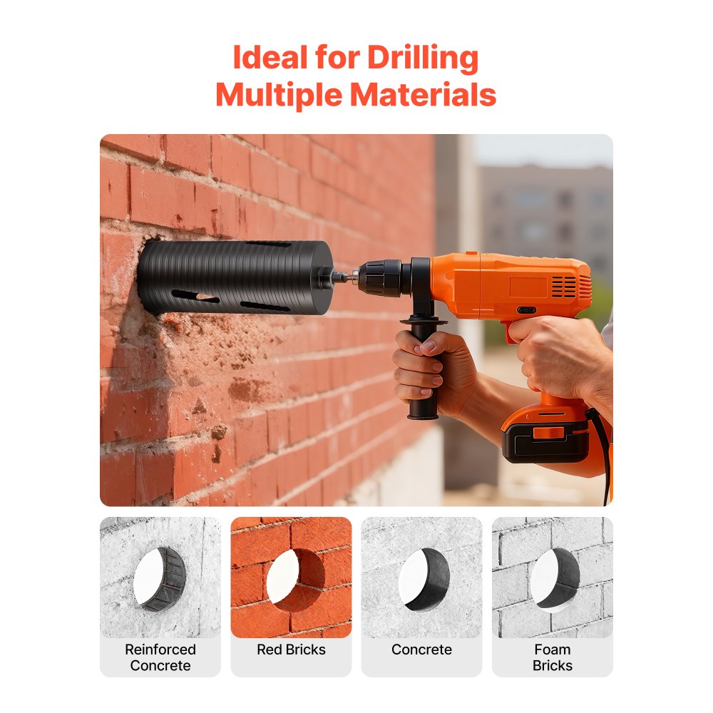 VEVOR Core Drill Bit, 4-1/4 inch Diameter, 9-1/2 inch Drilling Depth, 5/8-11 Internal Thread, Diamond Dry Coring Bit with 3 Adapters, Pilot Drill and Hex Wrench, for Concrete, Red Bricks, and Masonry