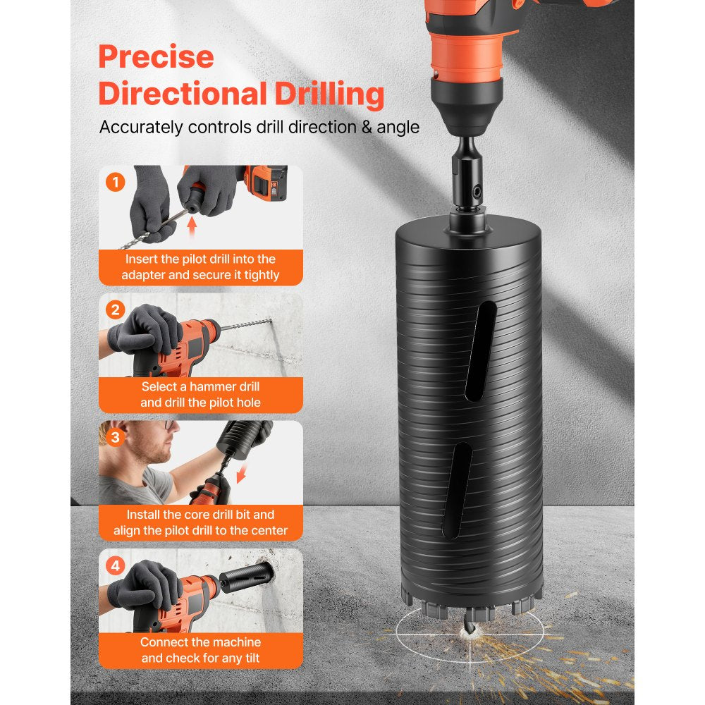 VEVOR Core Drill Bit, 4-1/4 inch Diameter, 9-1/2 inch Drilling Depth, 5/8-11 Internal Thread, Diamond Dry Coring Bit with 3 Adapters, Pilot Drill and Hex Wrench, for Concrete, Red Bricks, and Masonry