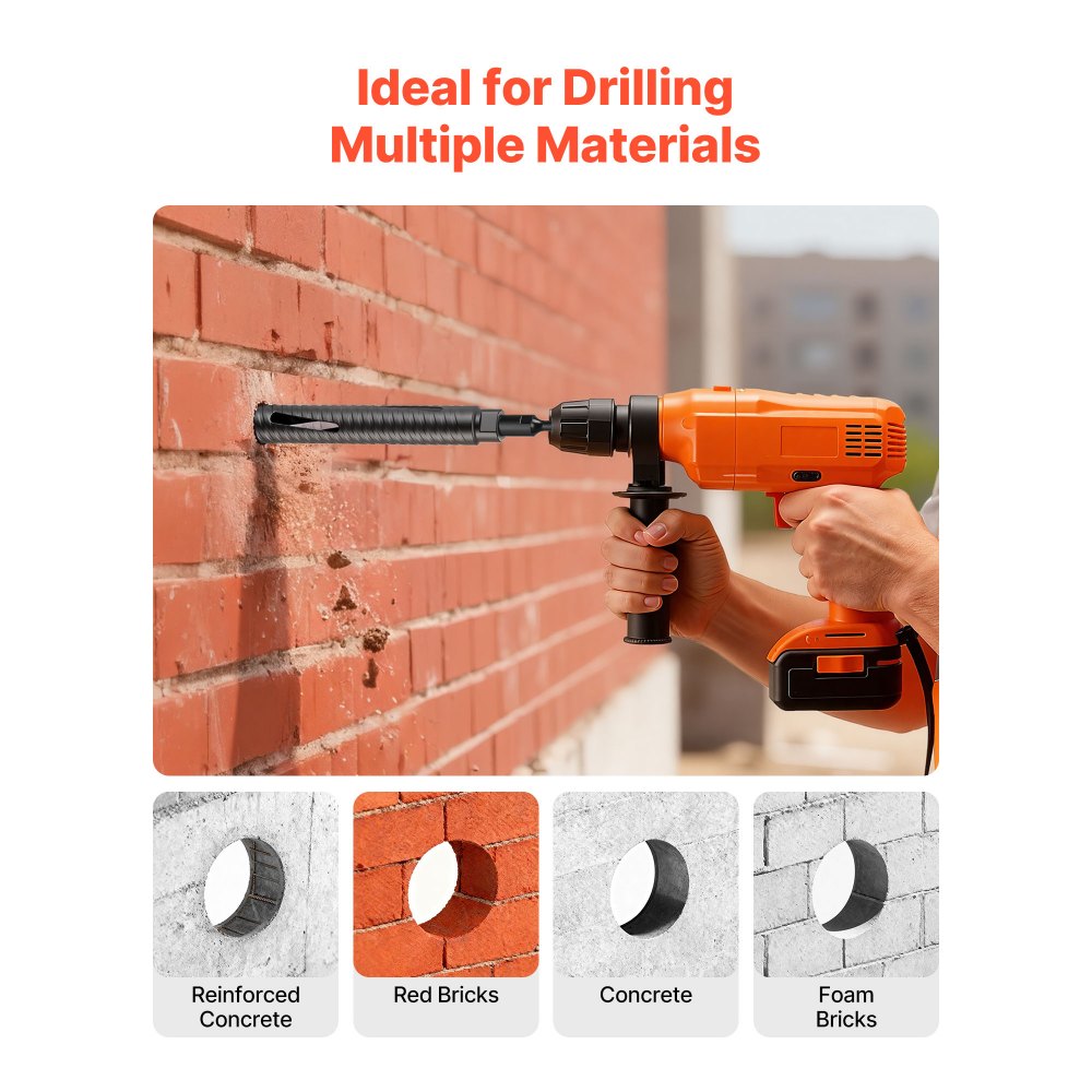 VEVOR Core Drill Bit, 1-1/2 inch Diameter, 9-1/2 inch Drilling Depth, 5/8-11 Internal Thread, Diamond Dry Coring Bit with 3 Adapters, Pilot Drill and Hex Wrench, for Concrete, Red Bricks, and Masonry