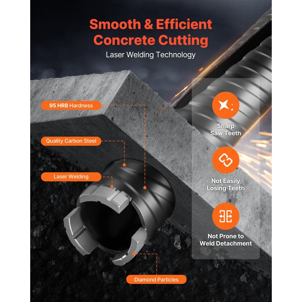 VEVOR Core Drill Bit, 1-1/2 inch Diameter, 9-1/2 inch Drilling Depth, 5/8-11 Internal Thread, Diamond Dry Coring Bit with 3 Adapters, Pilot Drill and Hex Wrench, for Concrete, Red Bricks, and Masonry