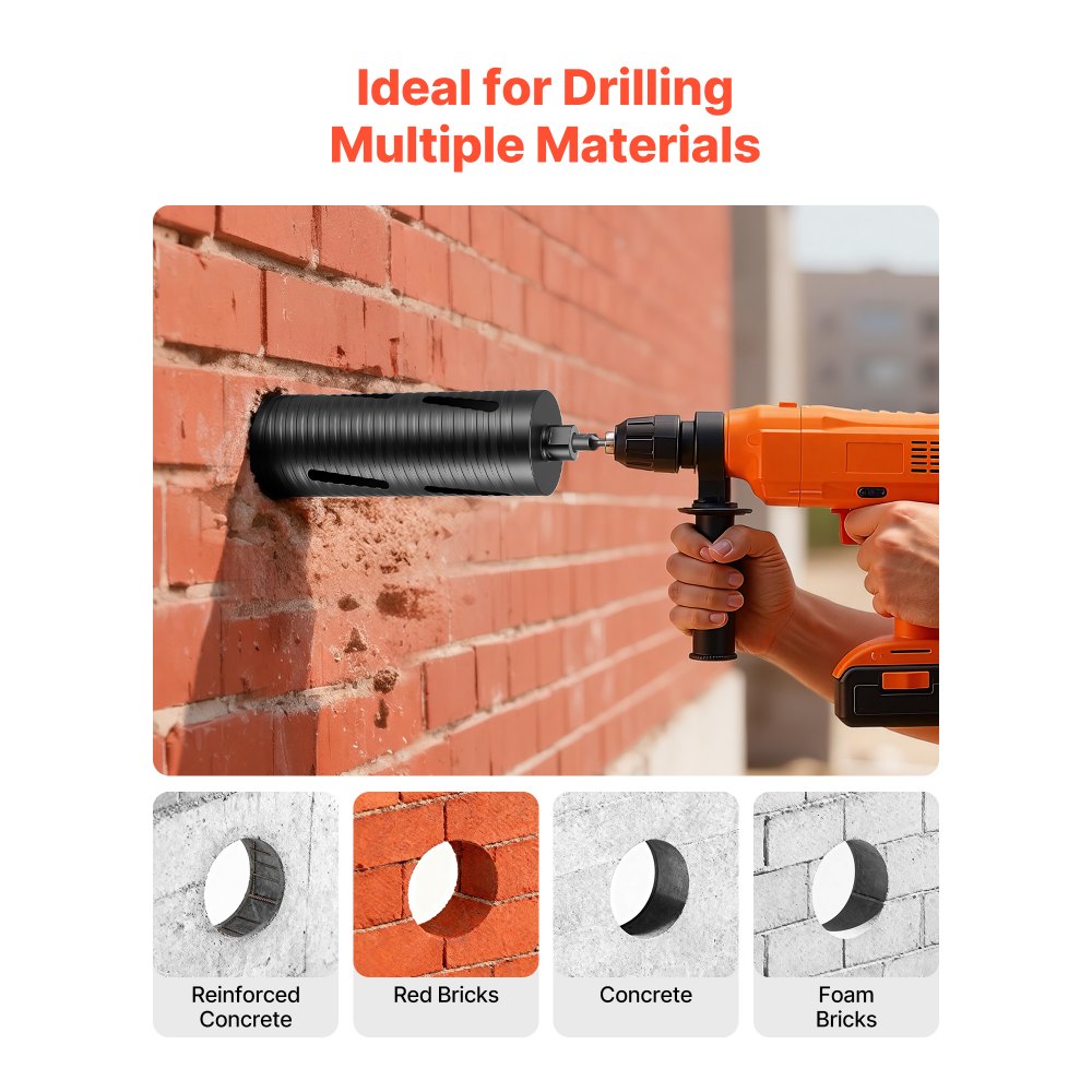 VEVOR Core Drill Bit, 3-1/2 inch Diameter, 9-1/2 inch Drilling Depth, 5/8-11 Internal Thread, Diamond Dry Coring Bit with 3 Adapters, Pilot Drill and Hex Wrench, for Concrete, Red Bricks, and Masonry