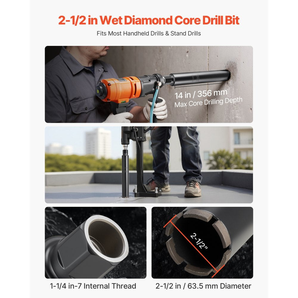 VEVOR Core Drill Bit, 2-1/2 inch Diameter, 14 inch Drilling Depth, 1-1/4 in-7 Internal Thread, High-Precision Welding Technology, Wet Diamond Core Bit for Reinforced Concrete, Bricks, and Masonry
