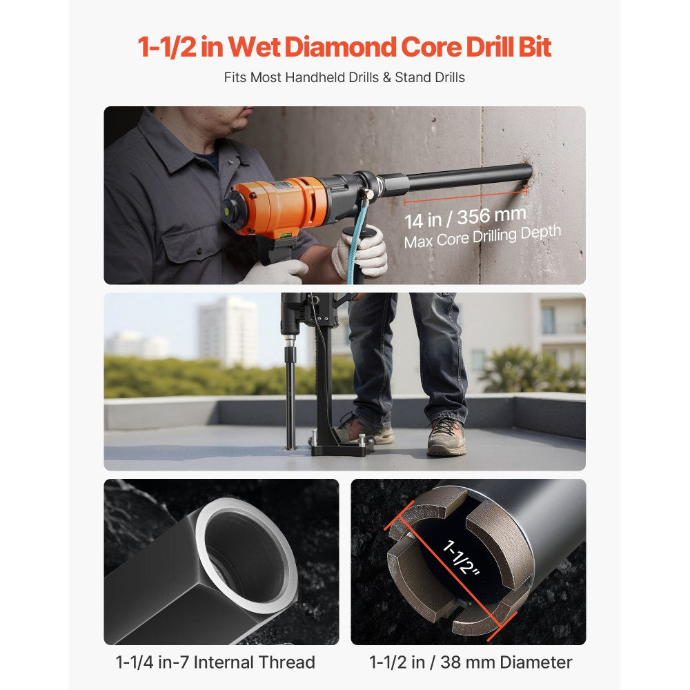 VEVOR Core Drill Bit, 1-1/2 inch Diameter, 14 inch Drilling Depth, 1-1/4 in-7 Internal Thread, High-Precision Welding Technology, Wet Diamond Core Bit for Reinforced Concrete, Bricks, and Masonry