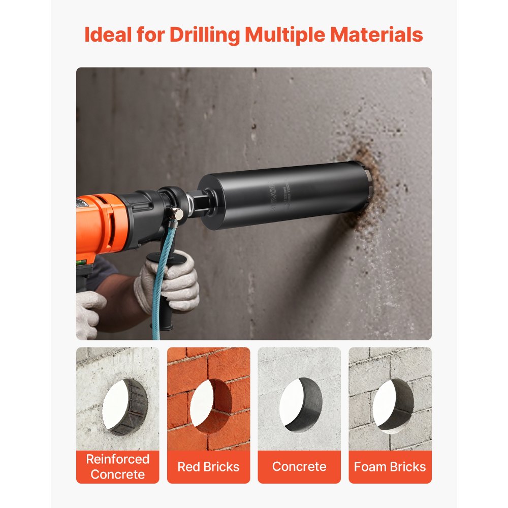 VEVOR Core Drill Bit, 4 inch Diameter, 14 inch Drilling Depth, 1-1/4 in-7 Internal Thread, High-Precision Welding Technology, Wet Diamond Core Bit for Reinforced Concrete, Red Bricks, and Masonry