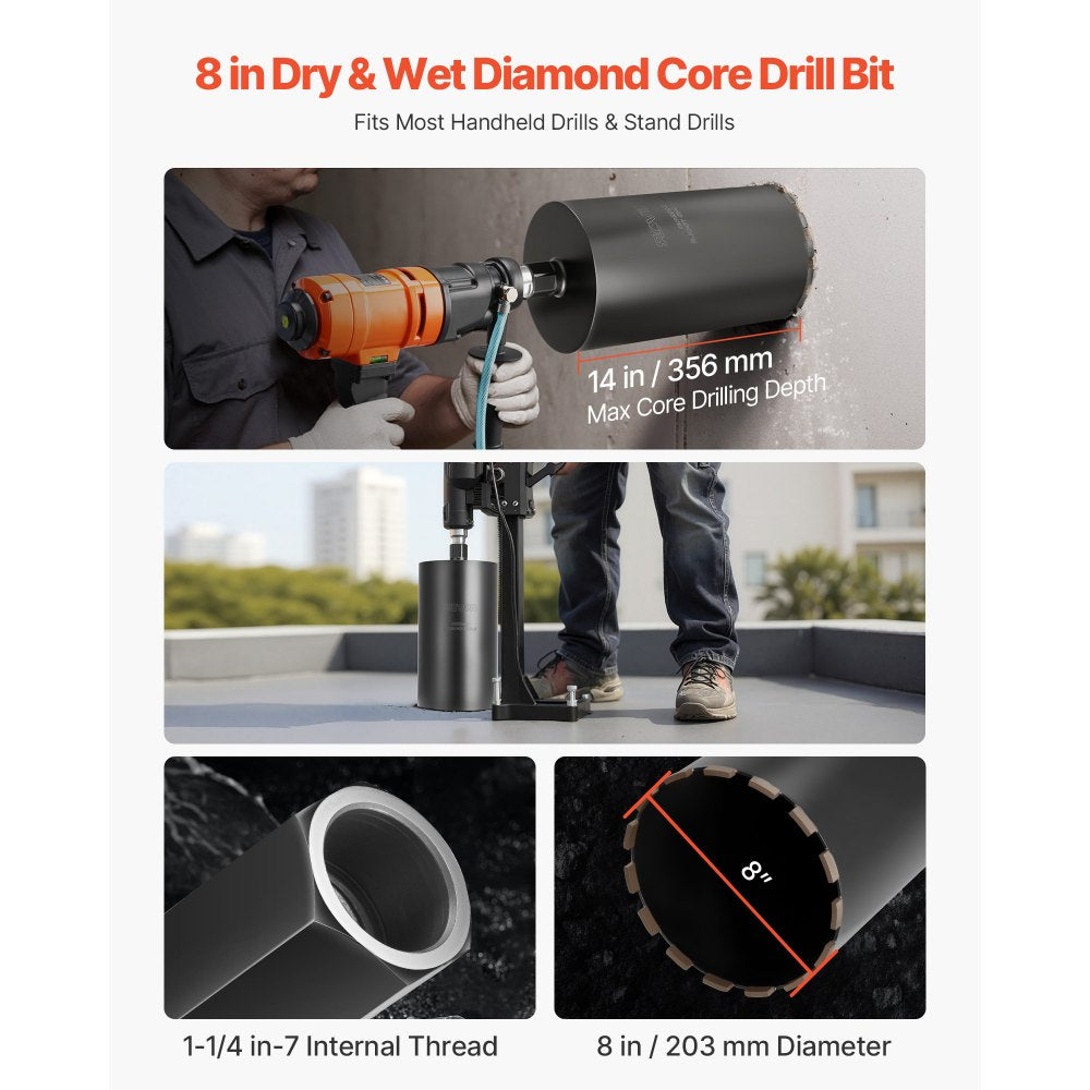 VEVOR Core Drill Bit, 8 inch Diameter, 14 inch Drilling Depth, 1-1/4 in-7 Internal Thread, High-Precision Welding Technology, Wet Diamond Core Bit for Reinforced Concrete, Red Bricks, and Masonry