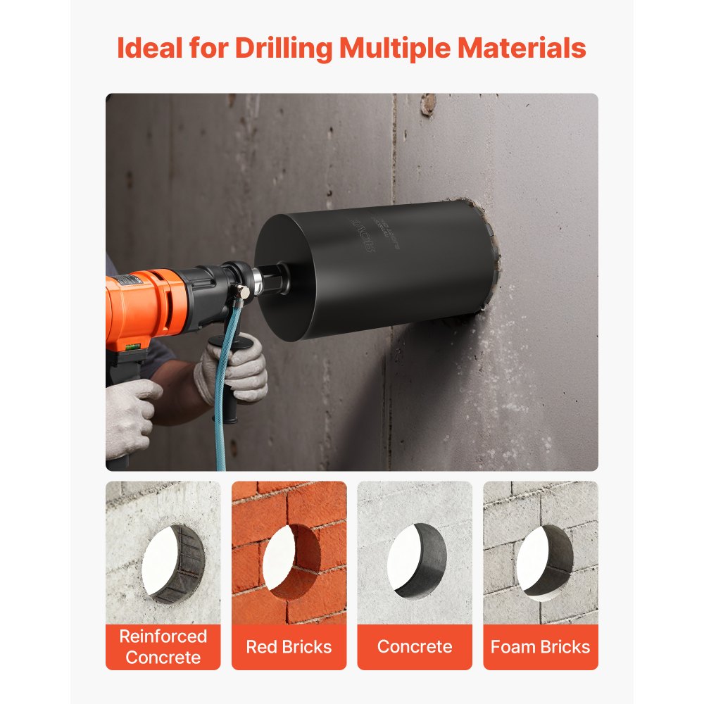 VEVOR Core Drill Bit, 8 inch Diameter, 14 inch Drilling Depth, 1-1/4 in-7 Internal Thread, High-Precision Welding Technology, Wet Diamond Core Bit for Reinforced Concrete, Red Bricks, and Masonry