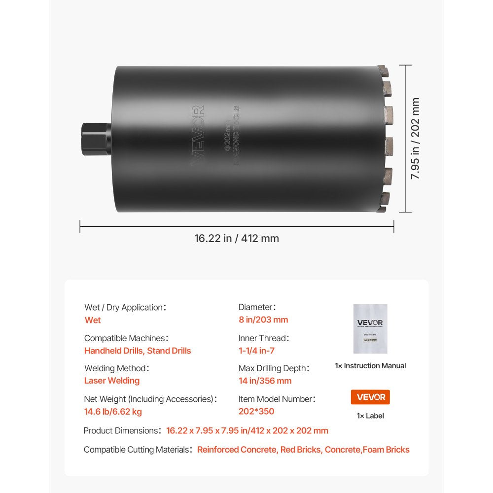 VEVOR Core Drill Bit, 8 inch Diameter, 14 inch Drilling Depth, 1-1/4 in-7 Internal Thread, High-Precision Welding Technology, Wet Diamond Core Bit for Reinforced Concrete, Red Bricks, and Masonry
