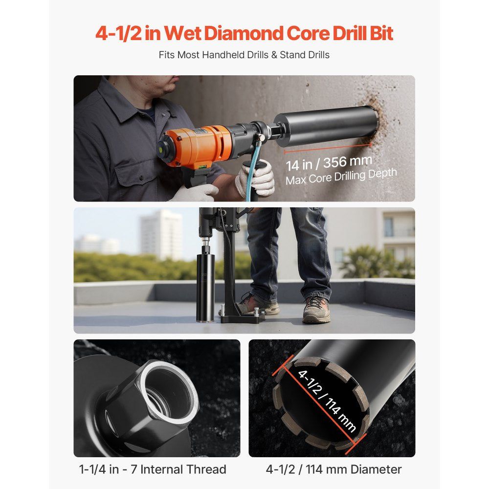 VEVOR Core Drill Bit, 4-1/2 inch Diameter, 14 inch Drilling Depth, 1-1/4 in-7 Internal Thread, High-Precision Welding Technology, Wet Diamond Core Bit for Reinforced Concrete, Bricks, and Masonry