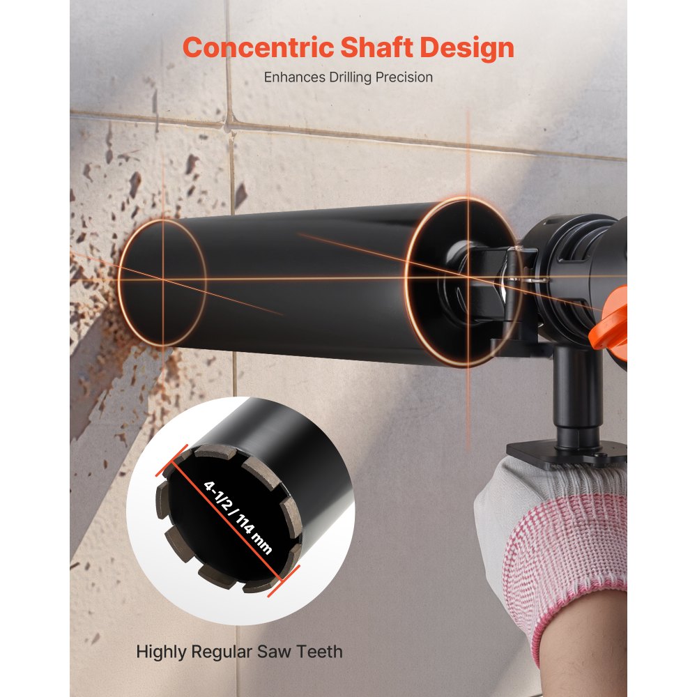 VEVOR Core Drill Bit, 4-1/2 inch Diameter, 14 inch Drilling Depth, 1-1/4 in-7 Internal Thread, High-Precision Welding Technology, Wet Diamond Core Bit for Reinforced Concrete, Bricks, and Masonry