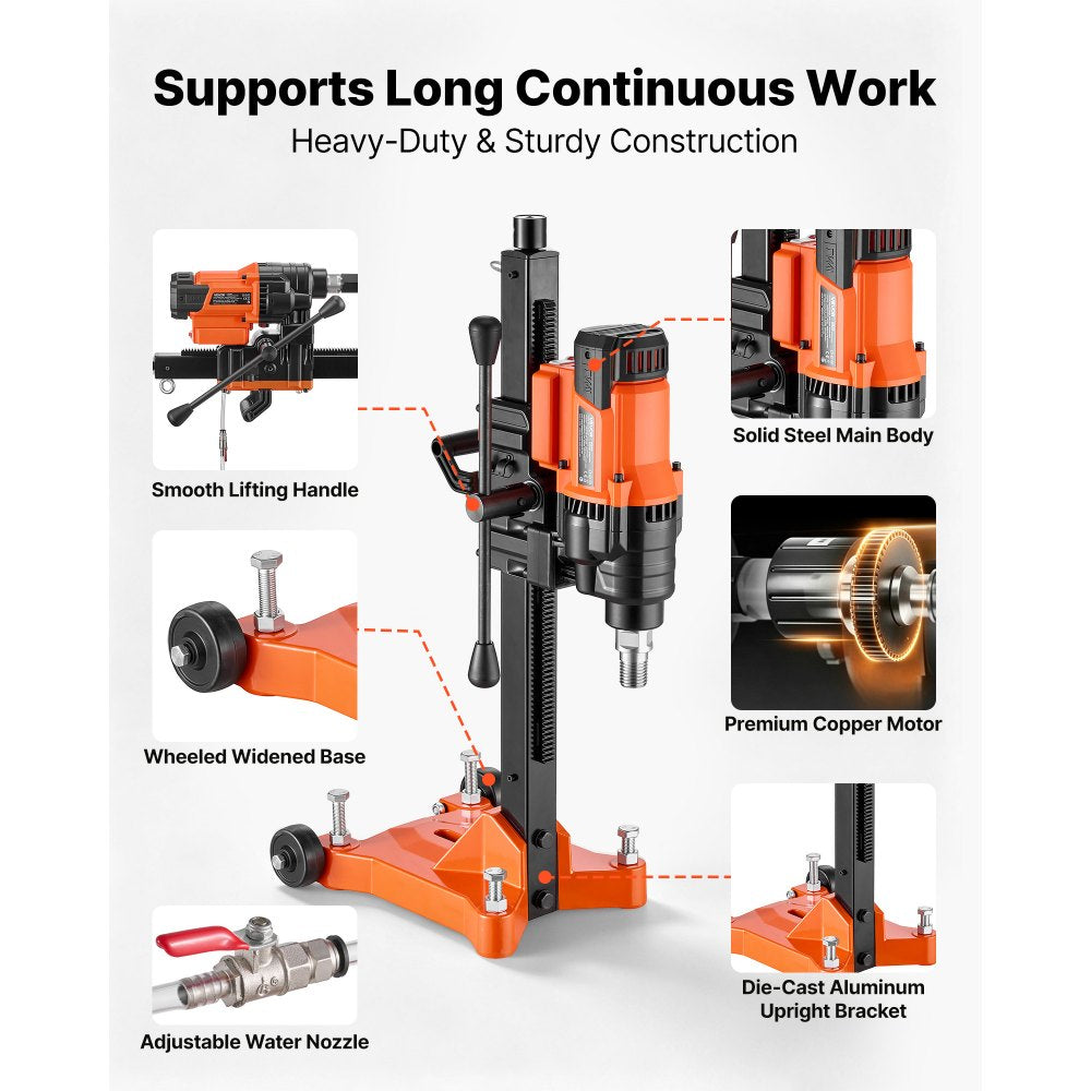 VEVOR Diamond Core Drilling Machine, 0.8–8 in Drilling Diameter, Rolling Dry and Wet Concrete Core Drill Rig with 8 Drill Bits & Wheeled Stand, 3000W 800 RPM Speed, UNC1 1/4–7 Thread