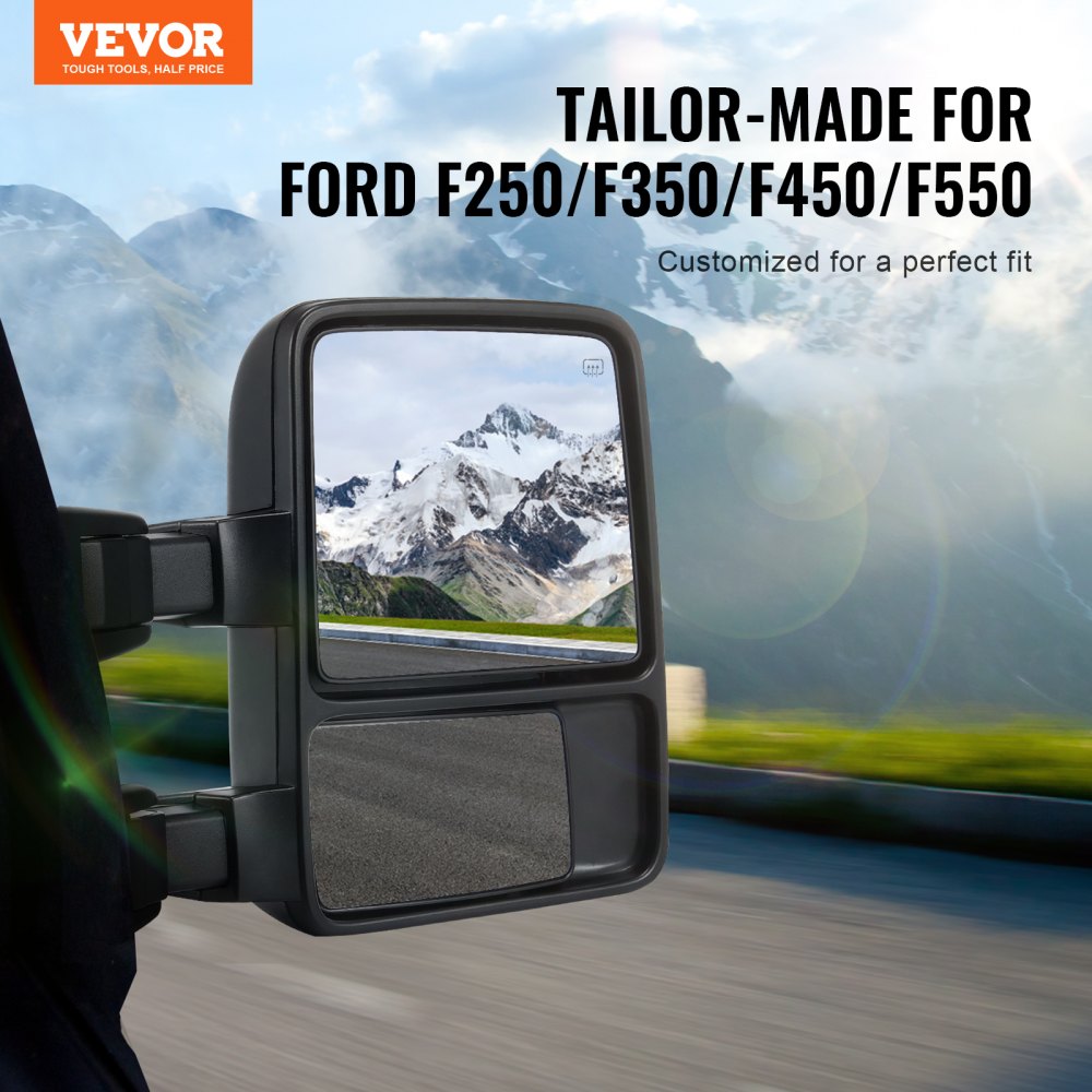 VEVOR Towing Mirrors, Left & Right Pair Set for 2008-2016 Ford F250 F350 F450 F550, Power Heated with Signal Light, Plane & Convex Glass, Manual Controlling Telescoping Folding, Heating Defrost, Black