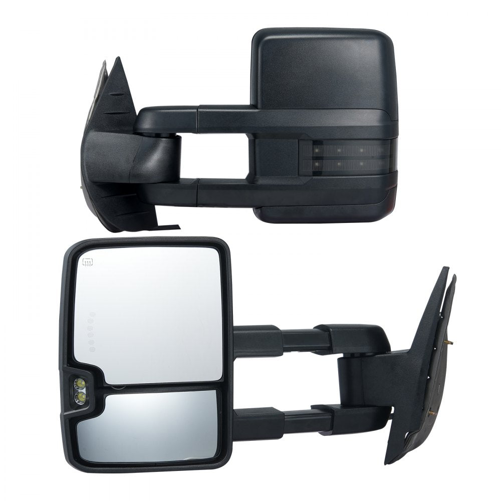VEVOR Towing Mirrors, Left & Right Pair Set for Chevrolet Silverado (2007-2014)/GMC/Cadillac, Power Heated with Signal Light & LED Driving Light, Manual Telescoping Folding, and Heating Defrost, Black