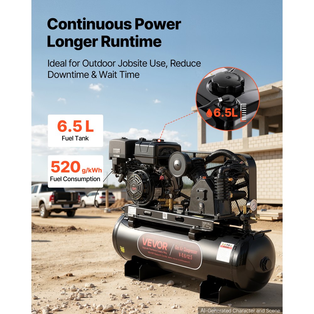 VEVOR 30 Gallon Gas Powered Air Compressor, 15HP 7.65CFM at 90 PSI Air Tank, Gas Driven Two-Stage Compression System with Twin Cylinder Piston Pump & 175 PSI Max Pressure for Workshops Constructions